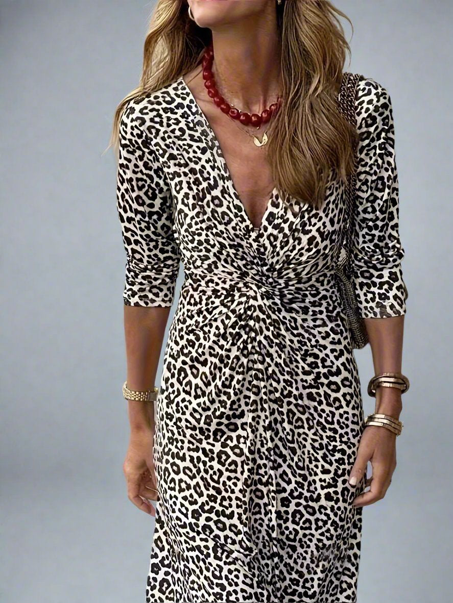 Elegant Leopard Print Midi Dress with Twist Detail