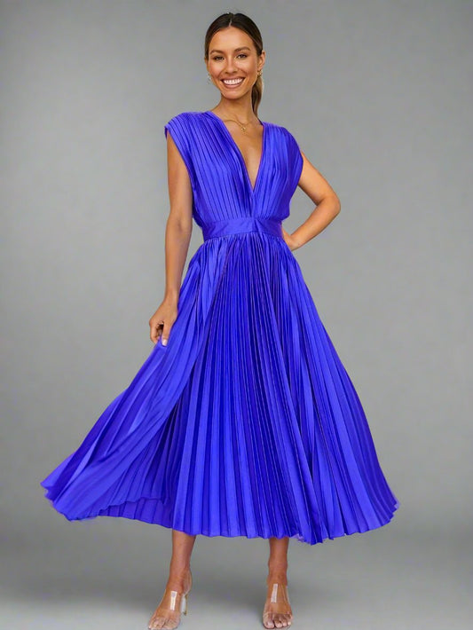 Royal Blue V-Neck Pleated Long Dress