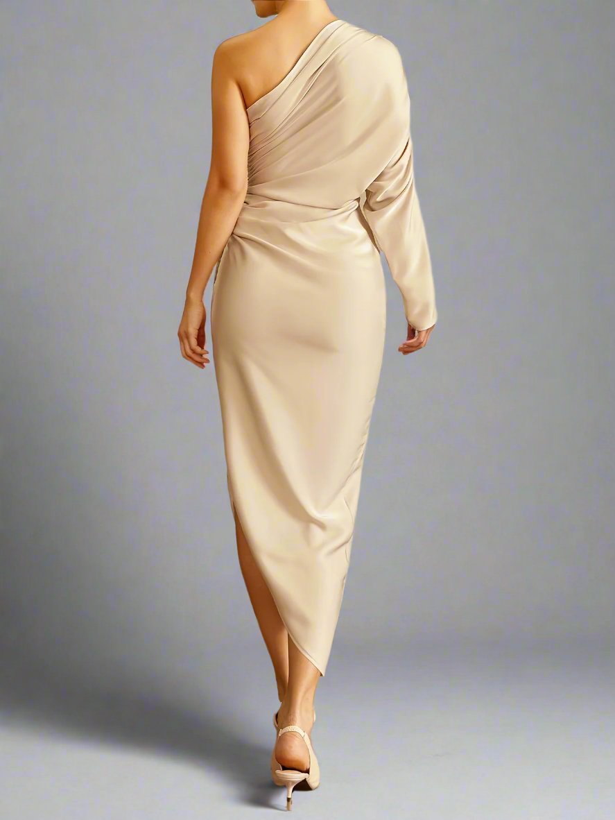 Champagne One Shoulder Asymmetrical Neck Dress