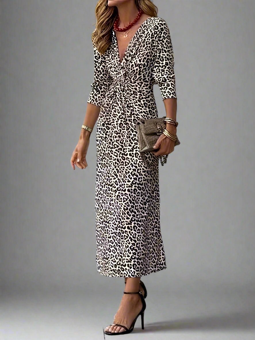 Elegant Leopard Print Midi Dress with Twist Detail