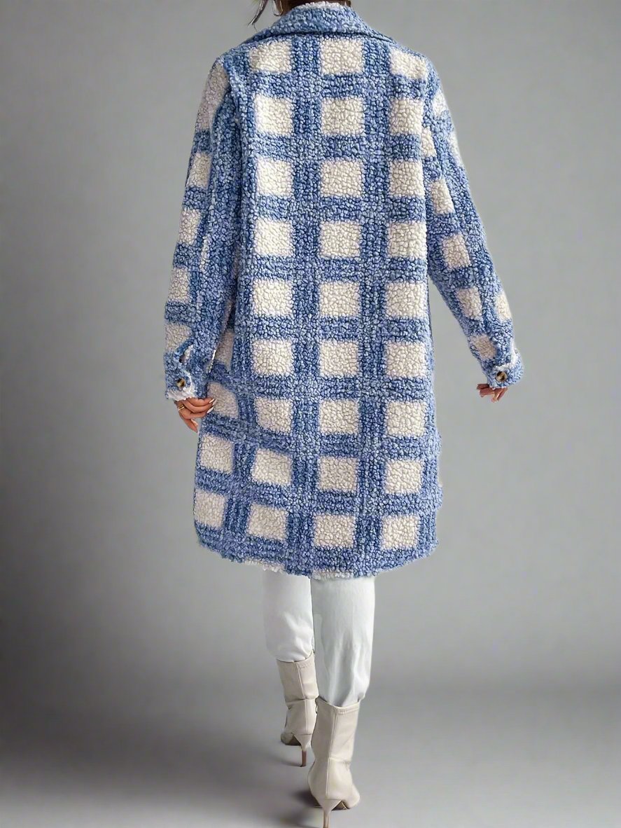 Blue Plaid Pattern Button Front Teddy Coat