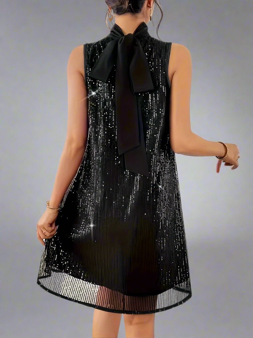 Black Sequined High Neck Loose Dress