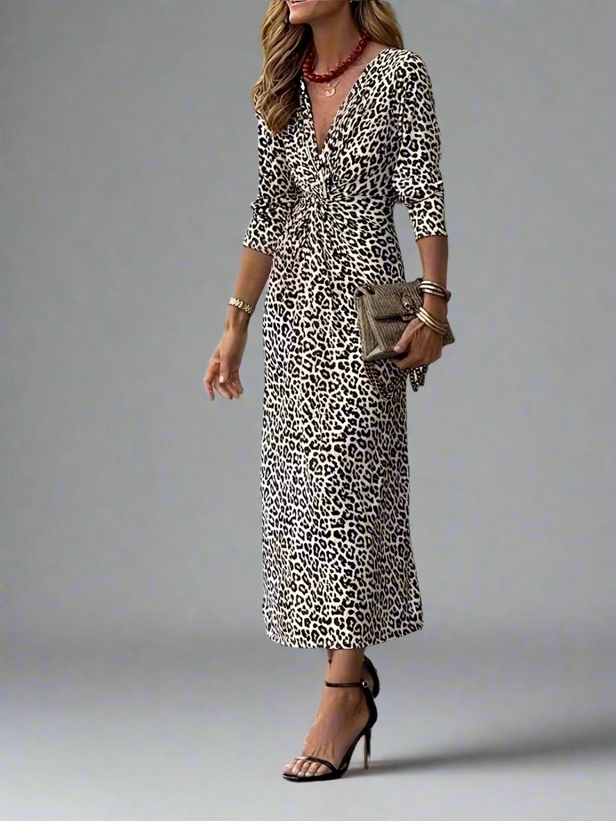 Elegant Leopard Print Midi Dress with Twist Detail