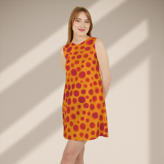 Striking red-orange dress inspired by Yayoi Kusama's iconic polka dot designs, blending modern art with fashion for a bold and artistic look.