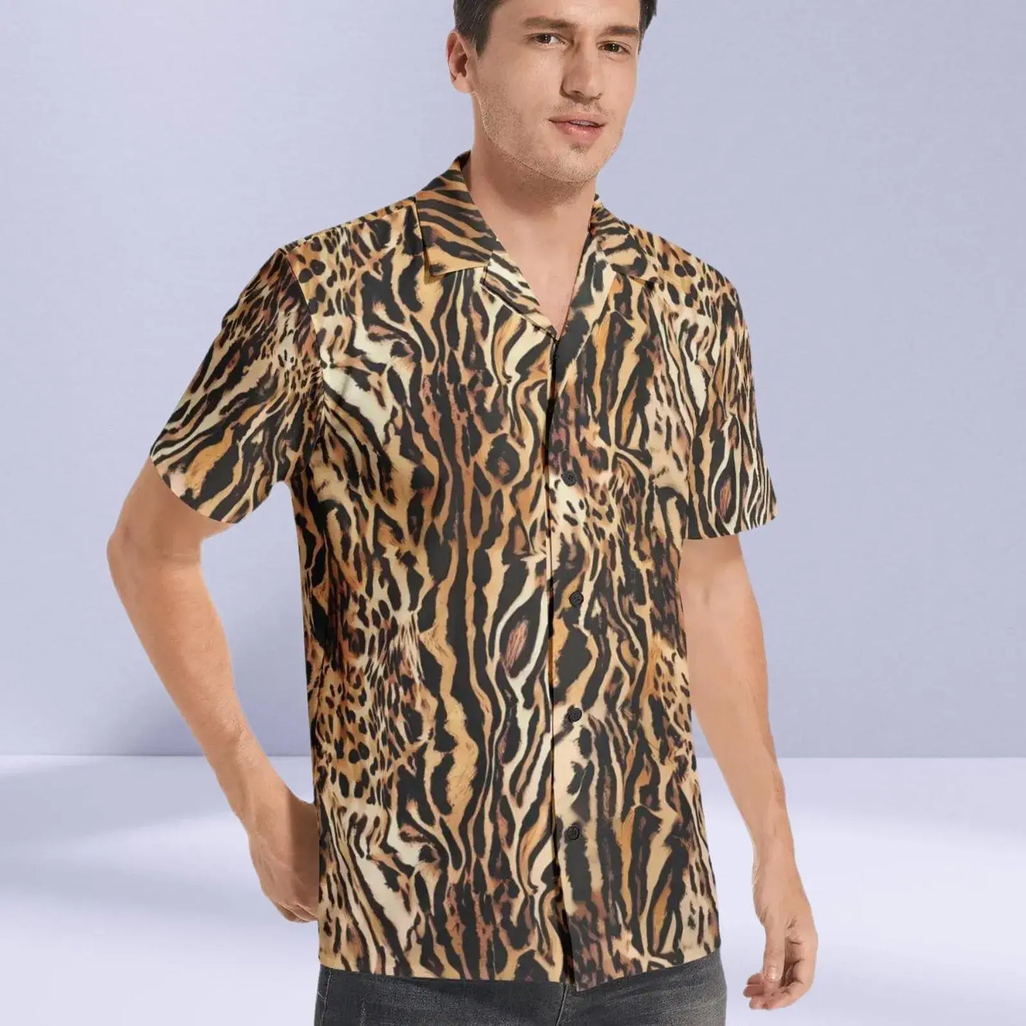 Fashion-forward men's button-up shirt with a leopard pattern, made from soft fabric, ideal for relaxed outings or dressier occasions.