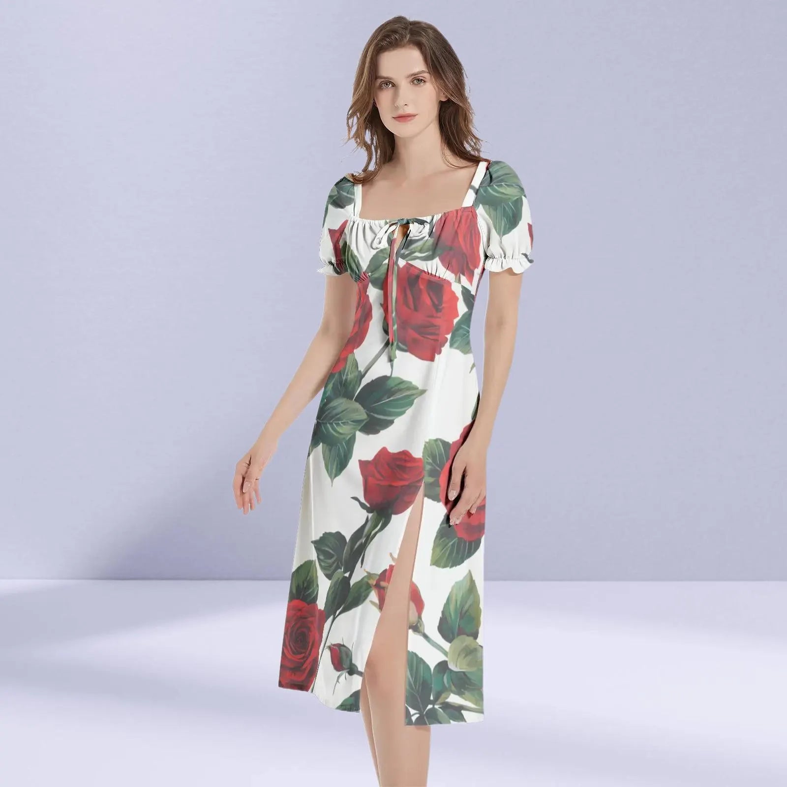 Charming Dolce & Gabbana rose midi dress featuring a delicate floral pattern and a flattering cut, perfect for garden parties or elegant outings.






