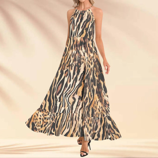 Elegant leopard print maxi dress by Versace, featuring a flowing silhouette and luxurious fabric, perfect for making a bold fashion statement.

