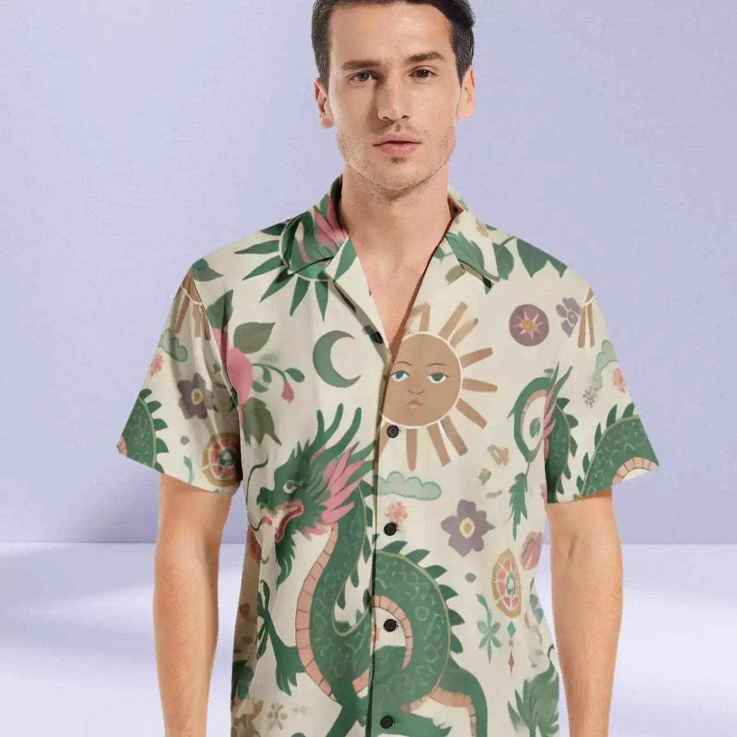 Stylish shirt featuring a vibrant Latin American dragon print, combining cultural elements with contemporary fashion for a standout look.

