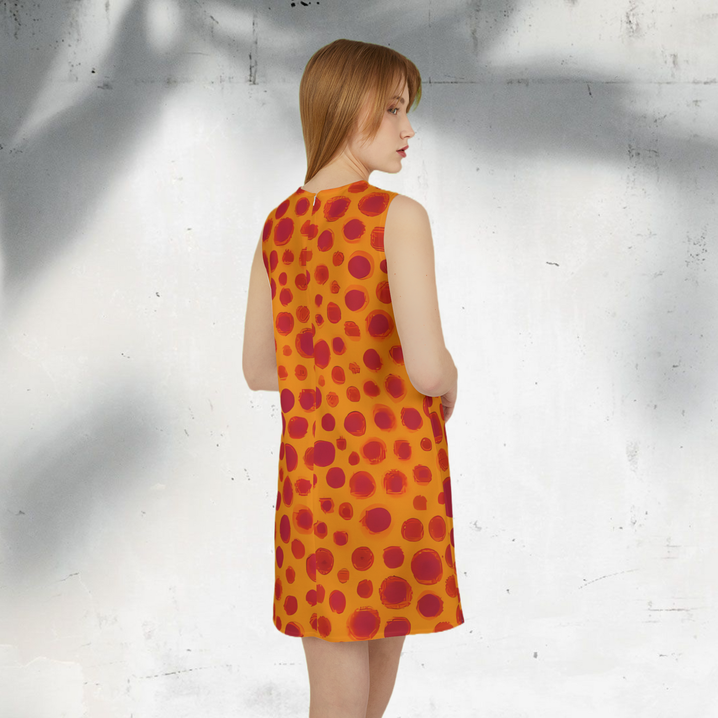 Striking red-orange gown adorned with a playful polka dot design, capturing the essence of Yayoi Kusama's bold and whimsical art style.