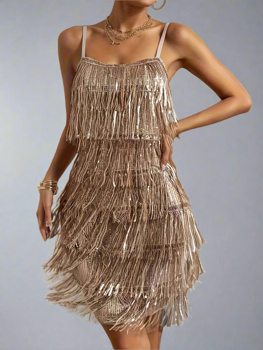 Golden Tassel Trim Sequin Slingback Dress