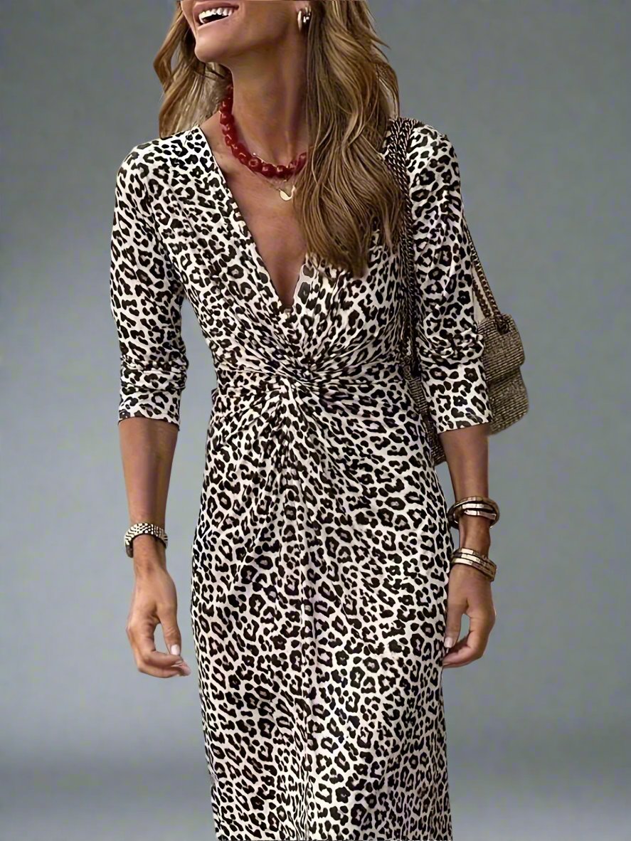 Elegant Leopard Print Midi Dress with Twist Detail