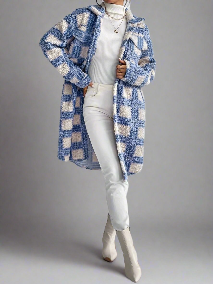 Blue Plaid Pattern Button Front Teddy Coat