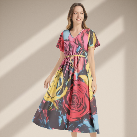 Front view of the Andy Warhol Floral Pop Art Dress showcasing bold floral patterns.