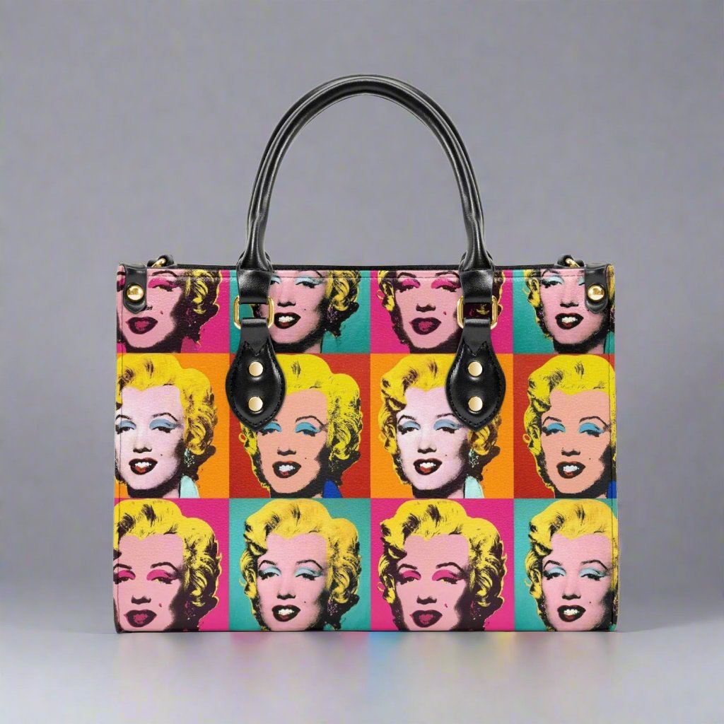 Front view of the Andy Warhol Marilyn Monroe Vegan Leather Tote Bag featuring iconic pop art design.