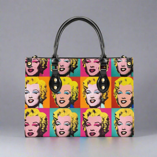 Front view of the Andy Warhol Marilyn Monroe Vegan Leather Tote Bag featuring iconic pop art design.