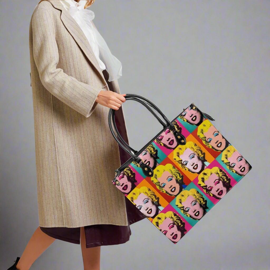 Side view of the Andy Warhol Marilyn Monroe Vegan Leather Tote Bag emphasizing its roomy capacity.