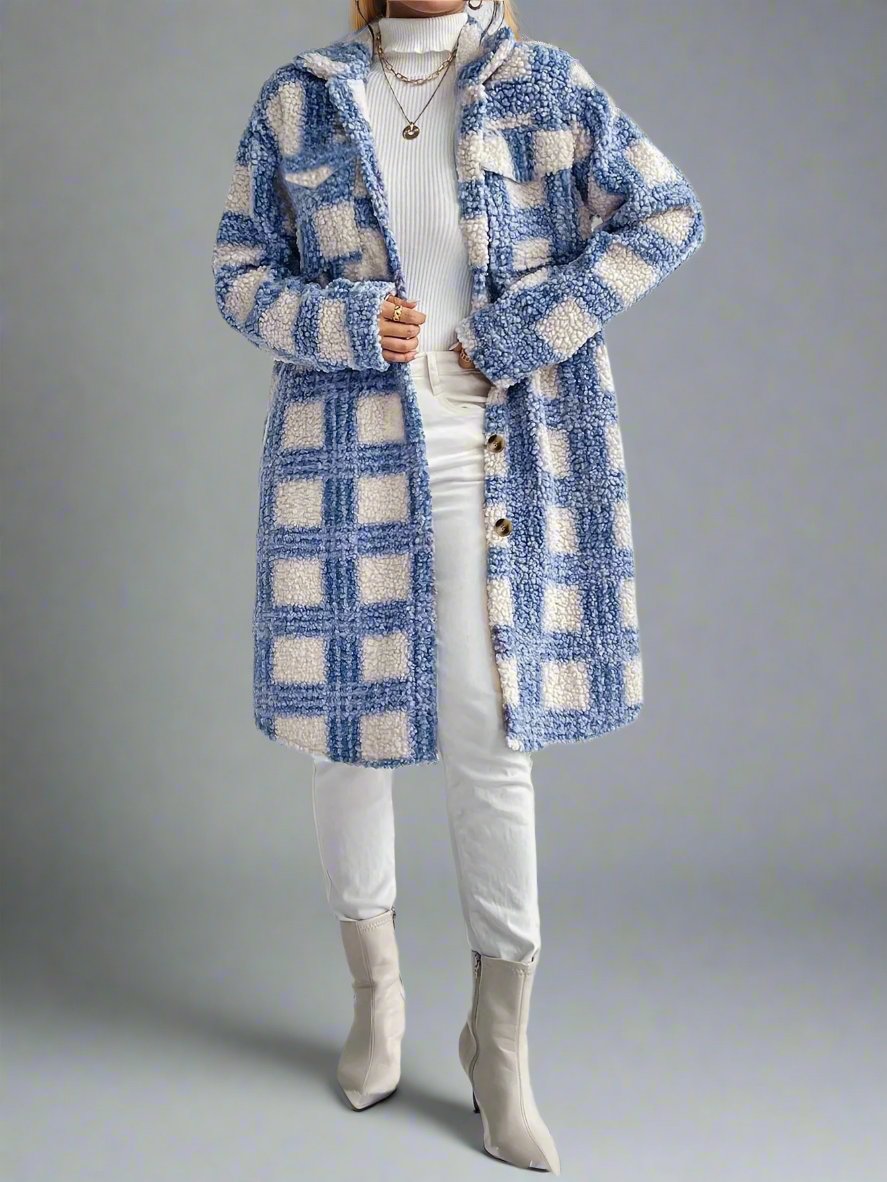 Blue Plaid Pattern Button Front Teddy Coat