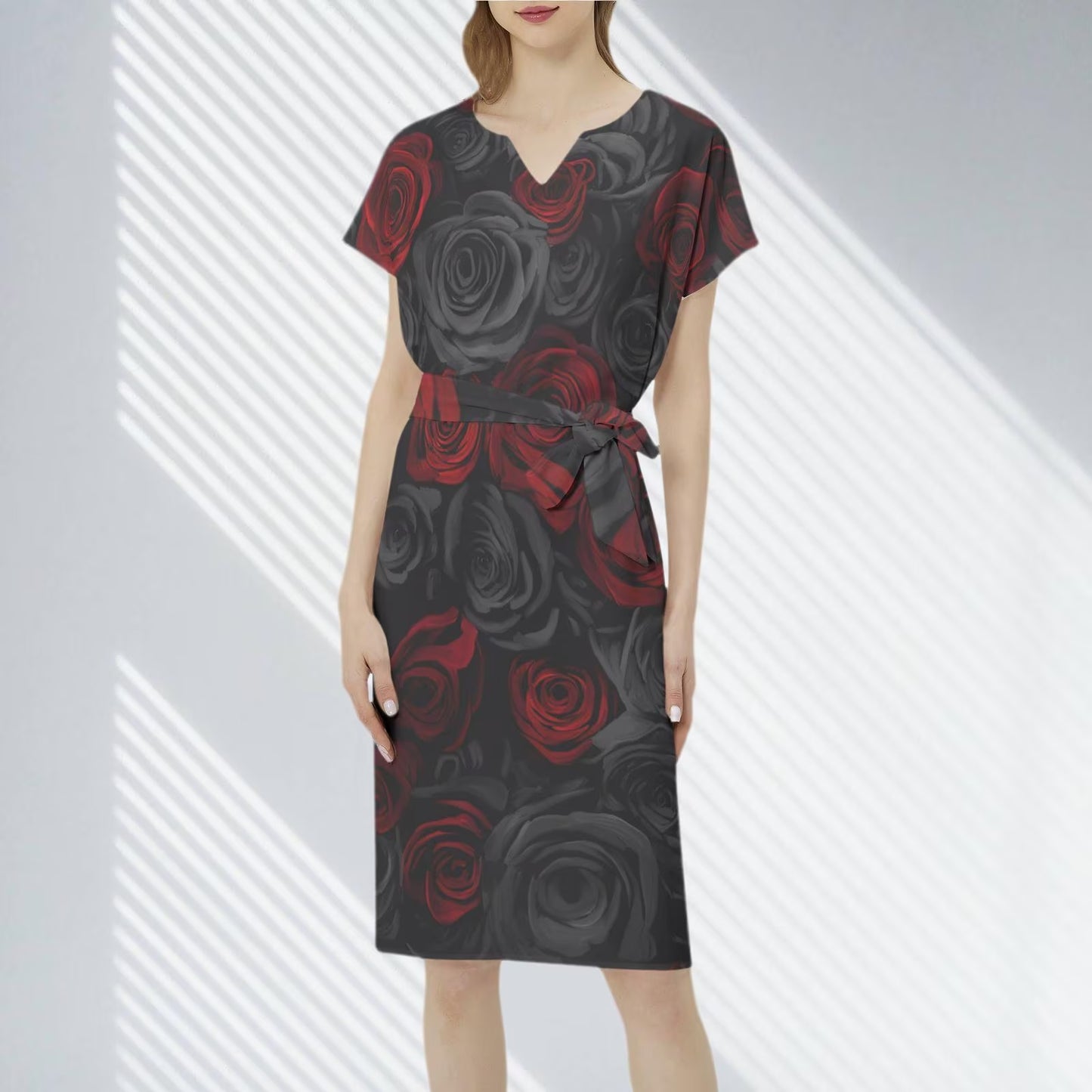 Front view of the Black and Red Roses Midi Dress showcasing the floral pattern.