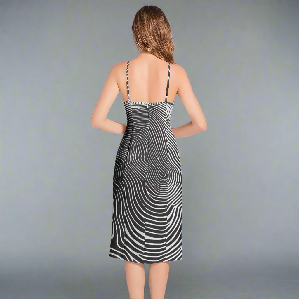 Model wearing the Black & White Zebra V-Neck Cami Dress styled for a trendy look.