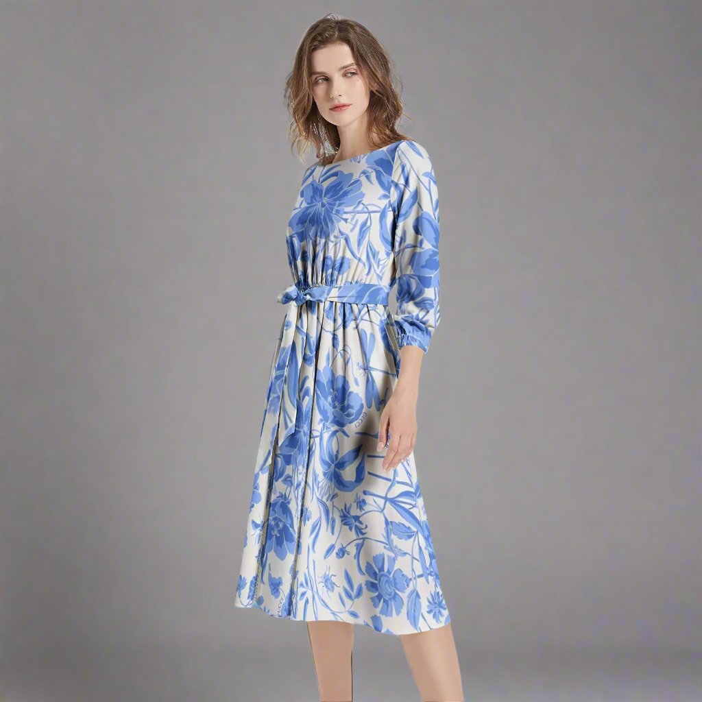 Back view of the Blue Floral Midi Dress highlighting its flattering silhouette.