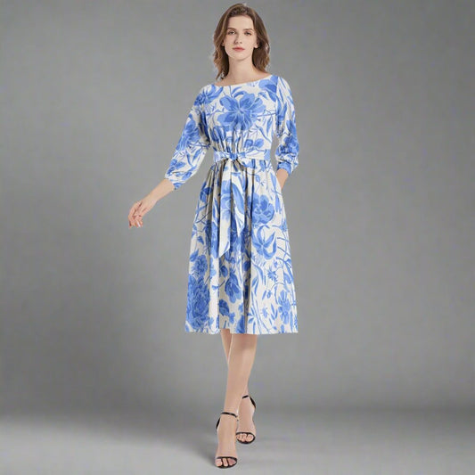 Front view of the Blue Floral Midi Dress showcasing its vibrant floral pattern.