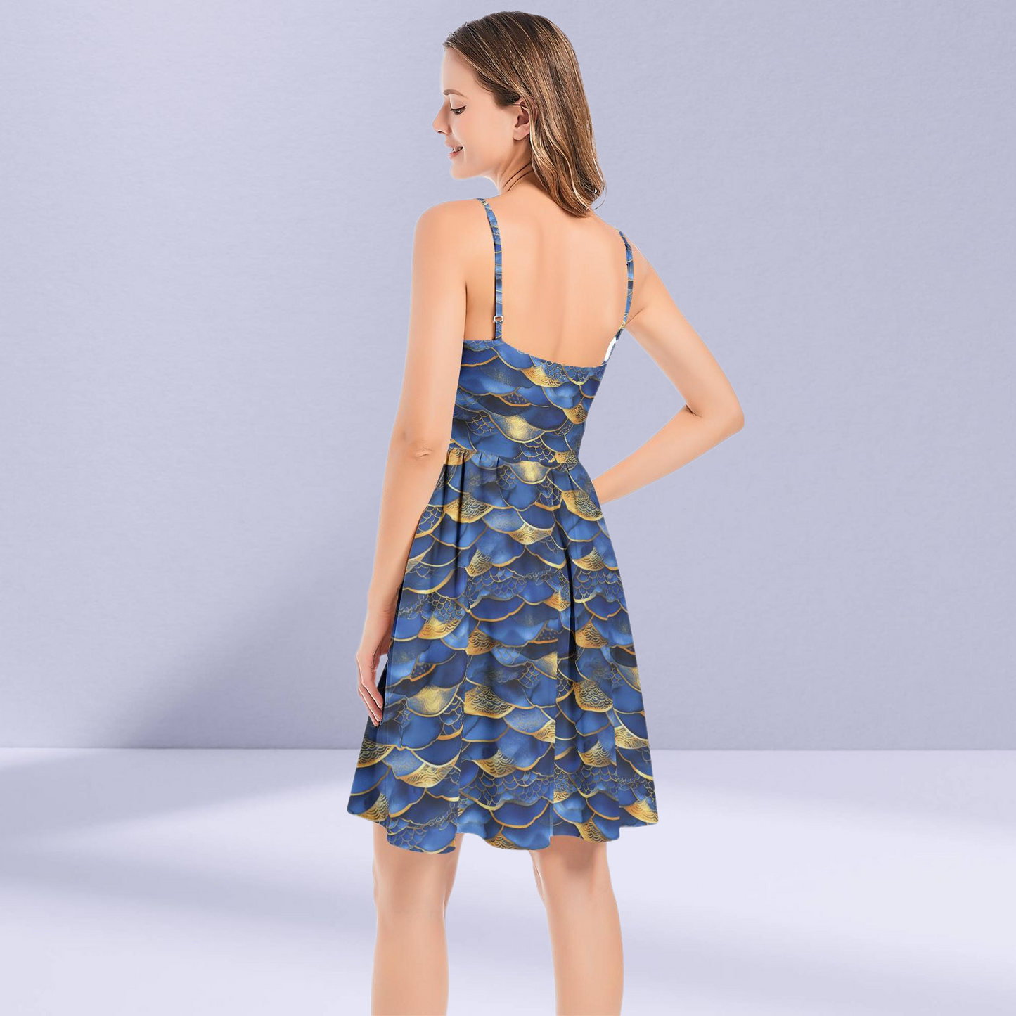 Back view of the Blue and Gold Japanese Art Deco Pattern Dress highlighting its sophisticated silhouette.