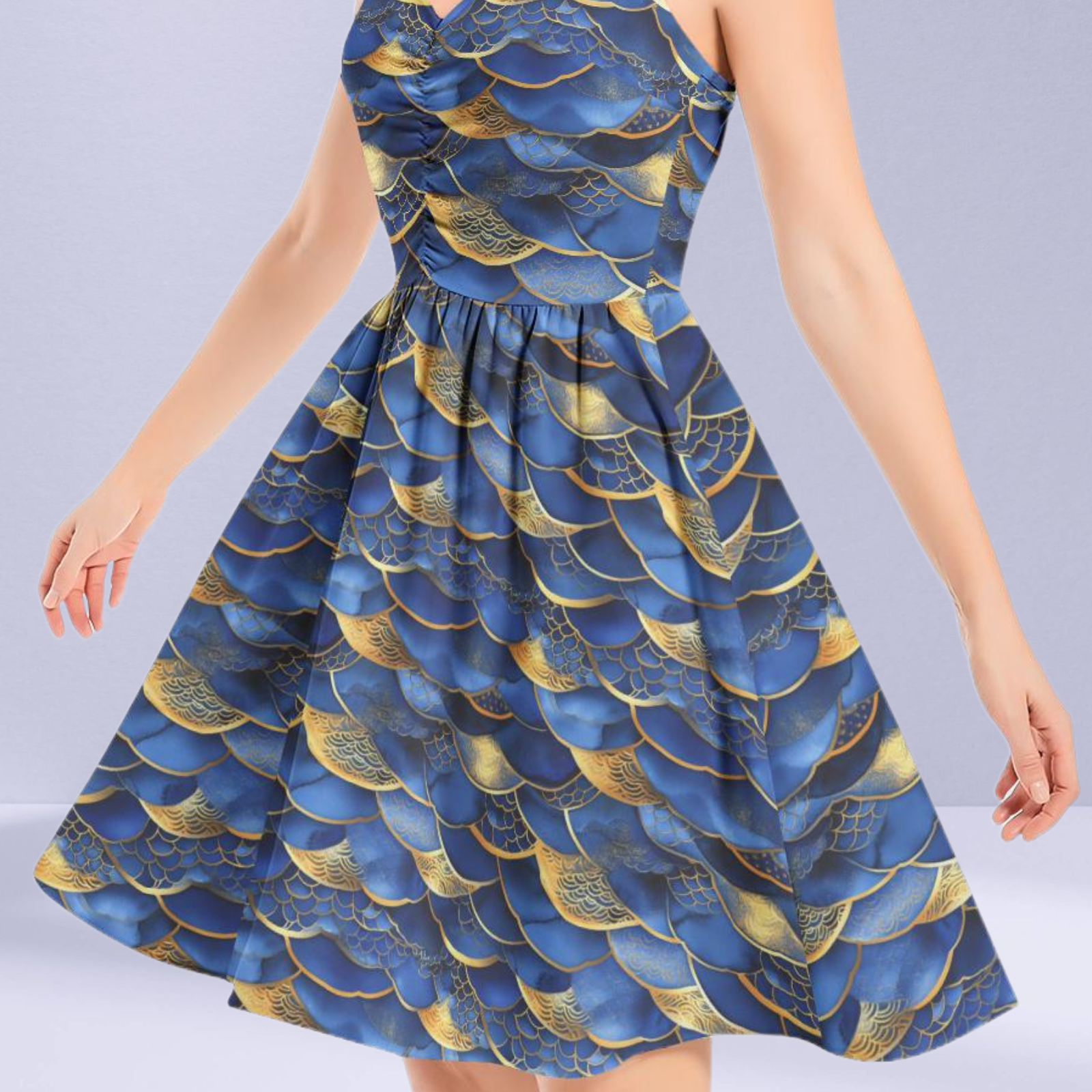 Model wearing the Blue and Gold Japanese Art Deco Pattern Dress styled for a glamorous look.