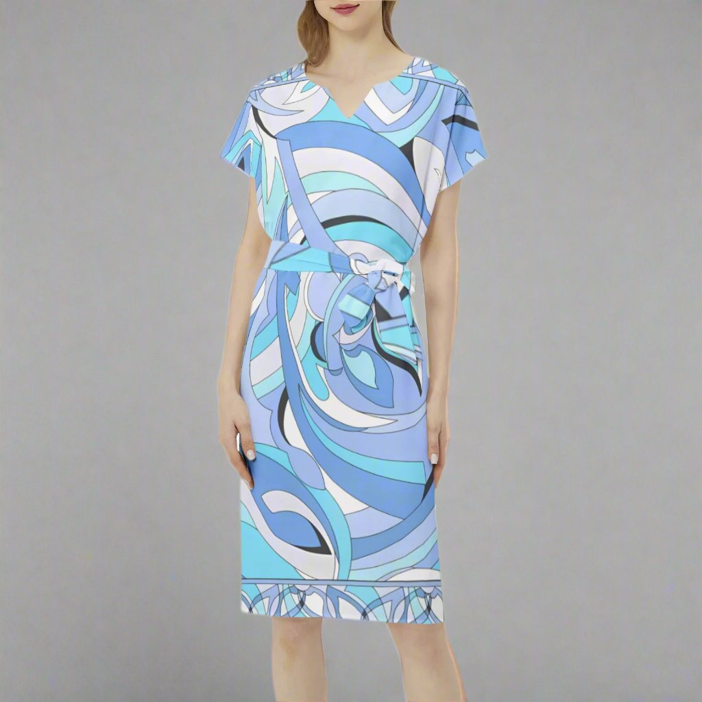 Front view of the Blue Marmo Retro Shoulder Dress showcasing its vibrant design.