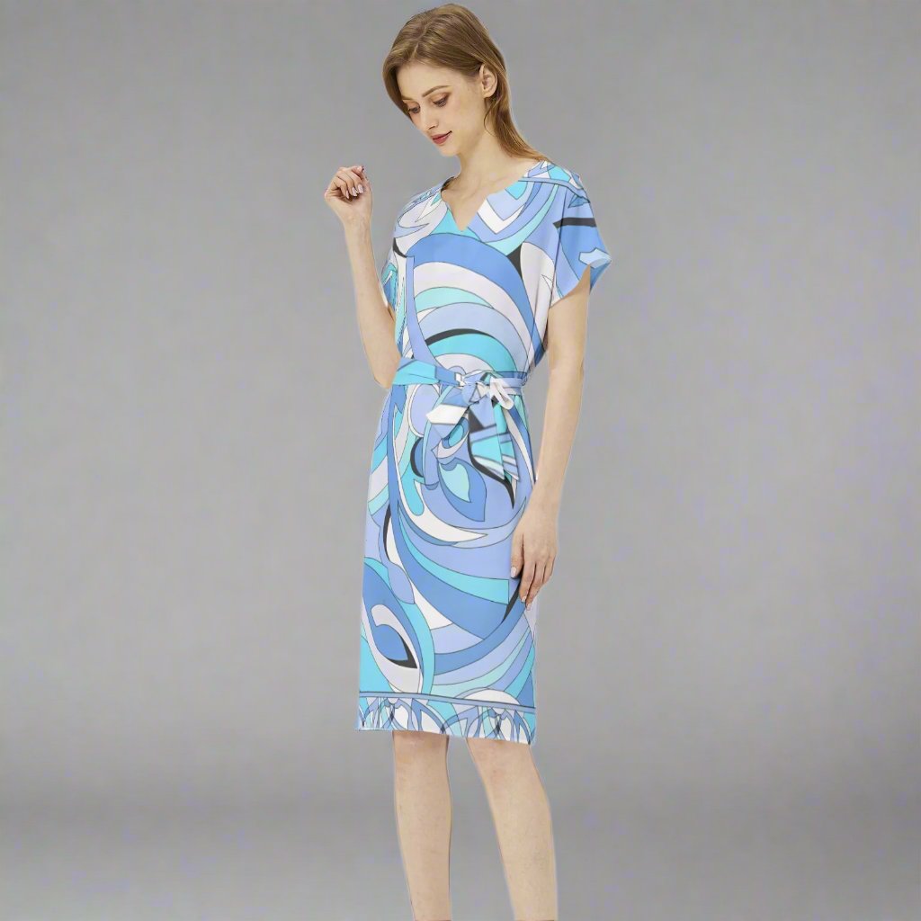 Side profile of the Blue Marmo Retro Shoulder Dress, emphasizing its flattering silhouette.