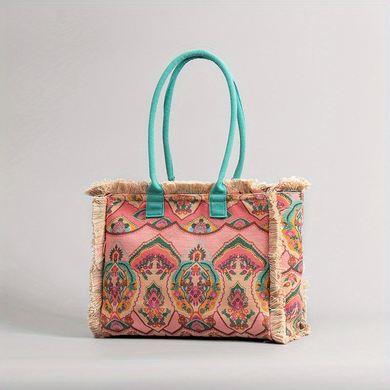 Colorful Latin American beach bag from the Boho Vibrant Shores collection, featuring intricate patterns and vibrant hues.