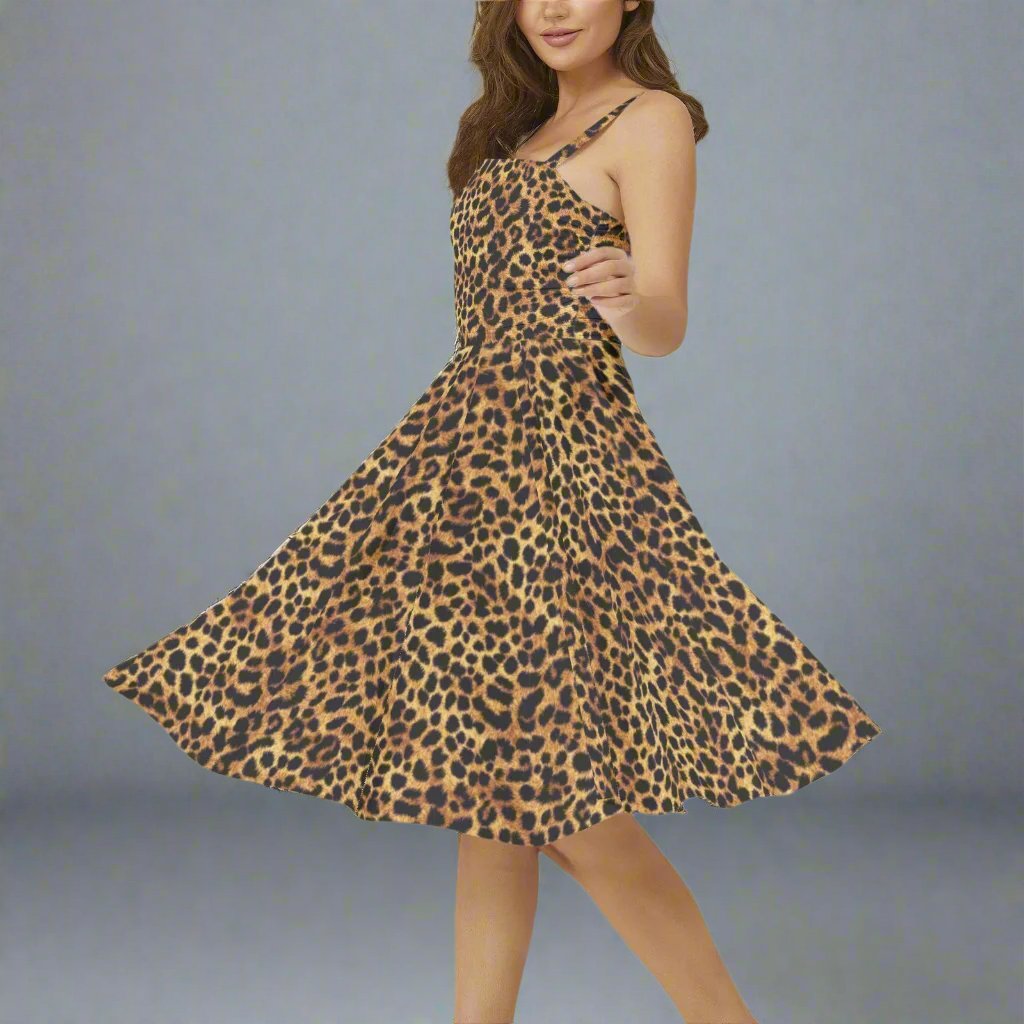 Back view of the Cheetah Print Flare Hem Midi Dress with an edgy, elegant style