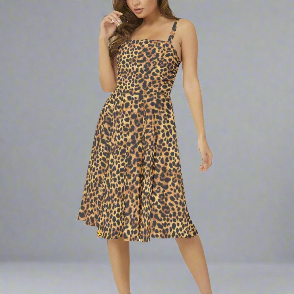 Close-up of the Cheetah Print Flare Hem Midi Dress's fabric, featuring bold cheetah spots.