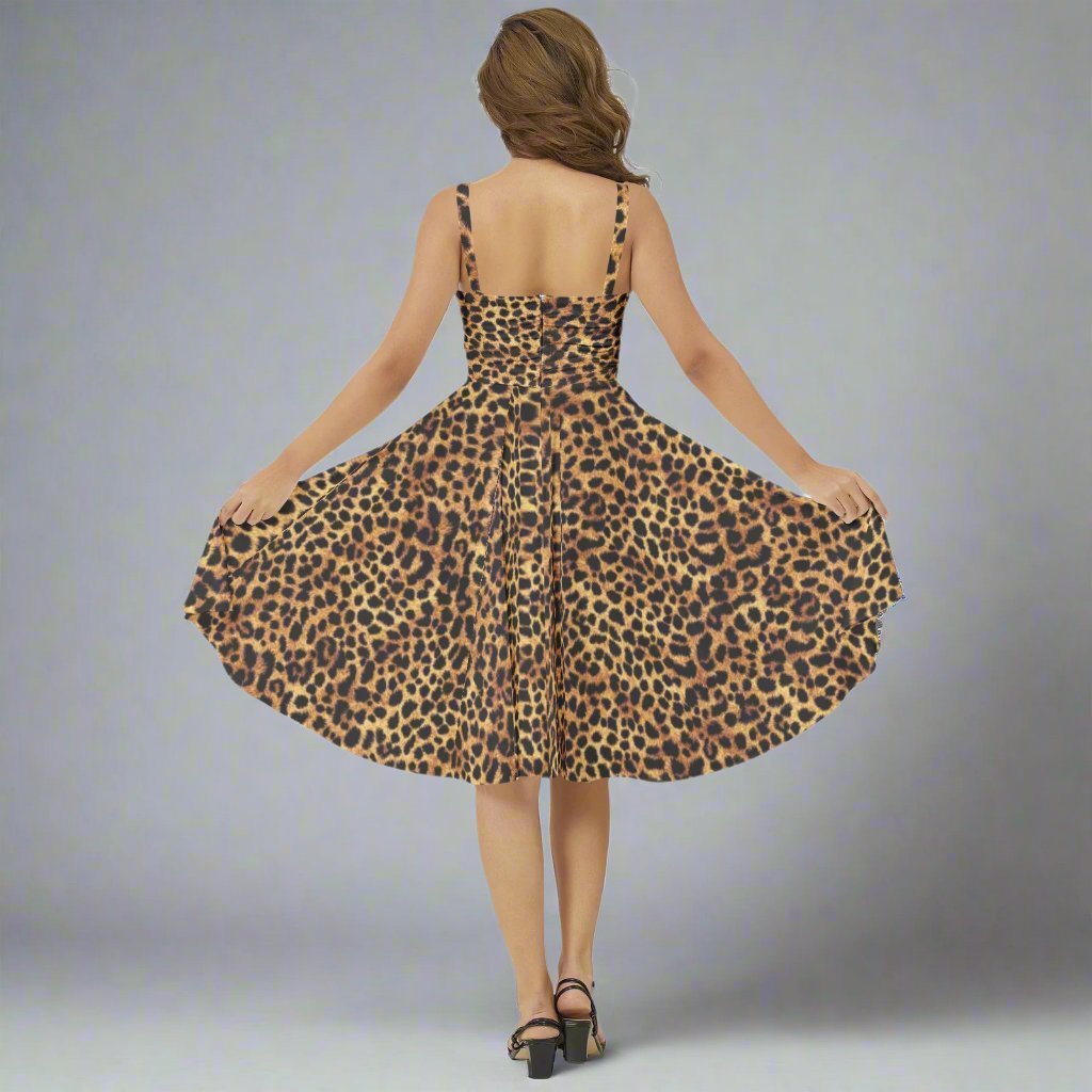 Front view of the Cheetah Print Flare Hem Midi Dress showcasing its bold pattern and flared silhouette.