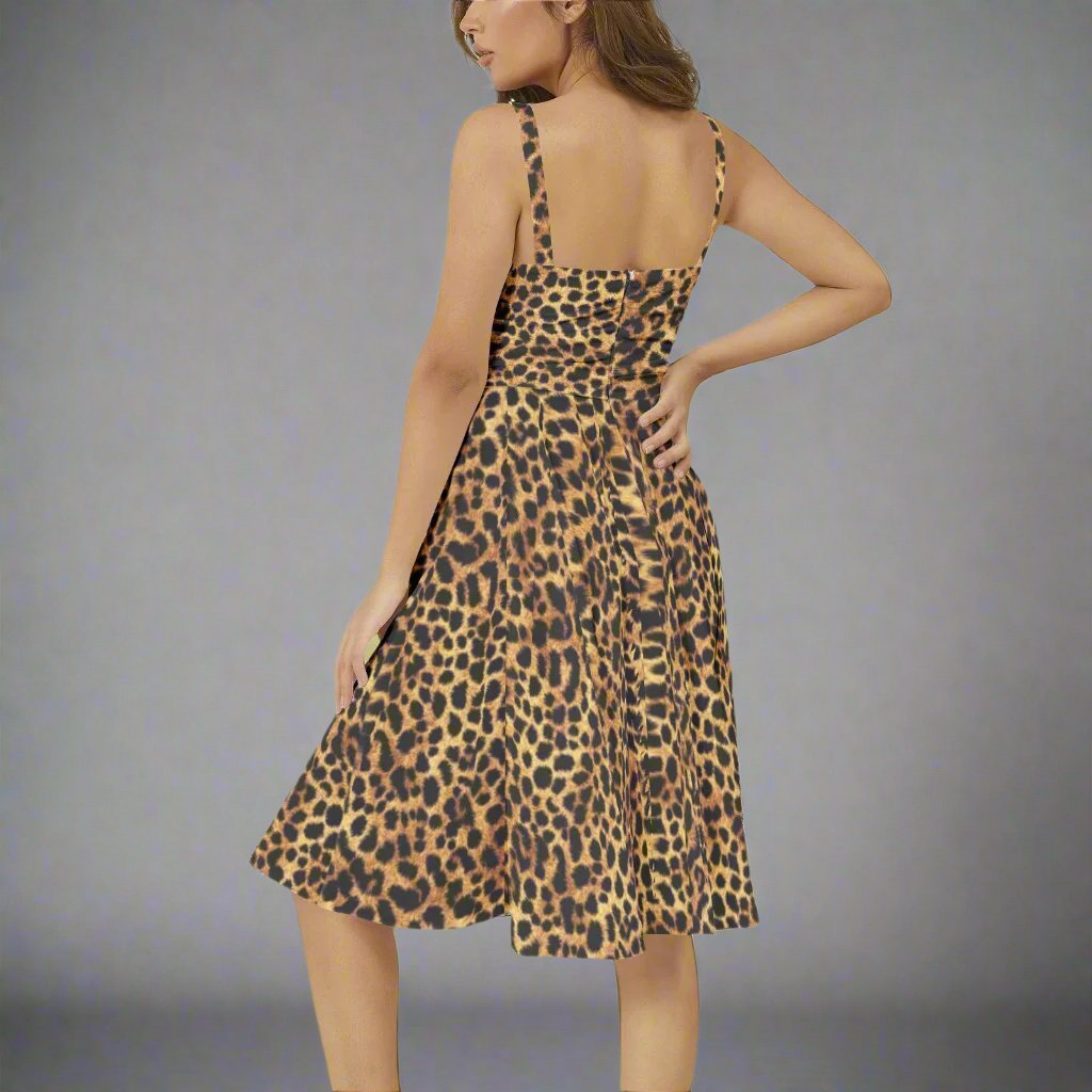 Side profile of the Cheetah Print Flare Hem Midi Dress with a chic flare and fitted waist