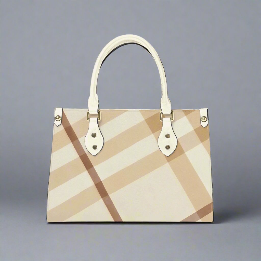 Hanging view of the Classic English Beige Check Tote Bag showcasing its durable handles.