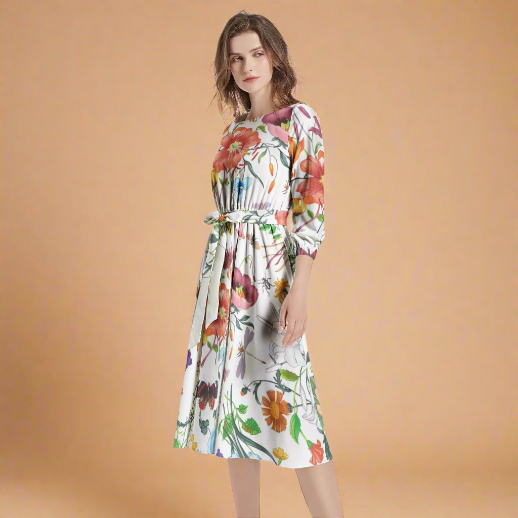 Back view of the Colorful Floral Print Belted Dress highlighting its elegant design and flowing silhouette