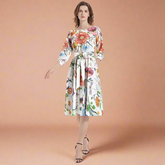 Front view of the Colorful Floral Print Belted Dress showcasing its vibrant floral pattern and cinched waist