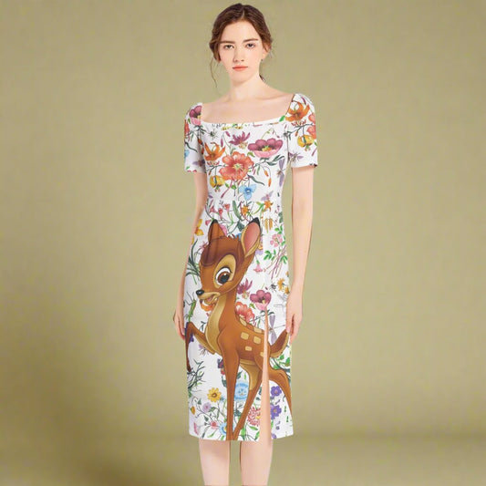 Front view of the Floral Print Bambi Midi Bodycon Dress showcasing its fitted silhouette and vibrant floral design.