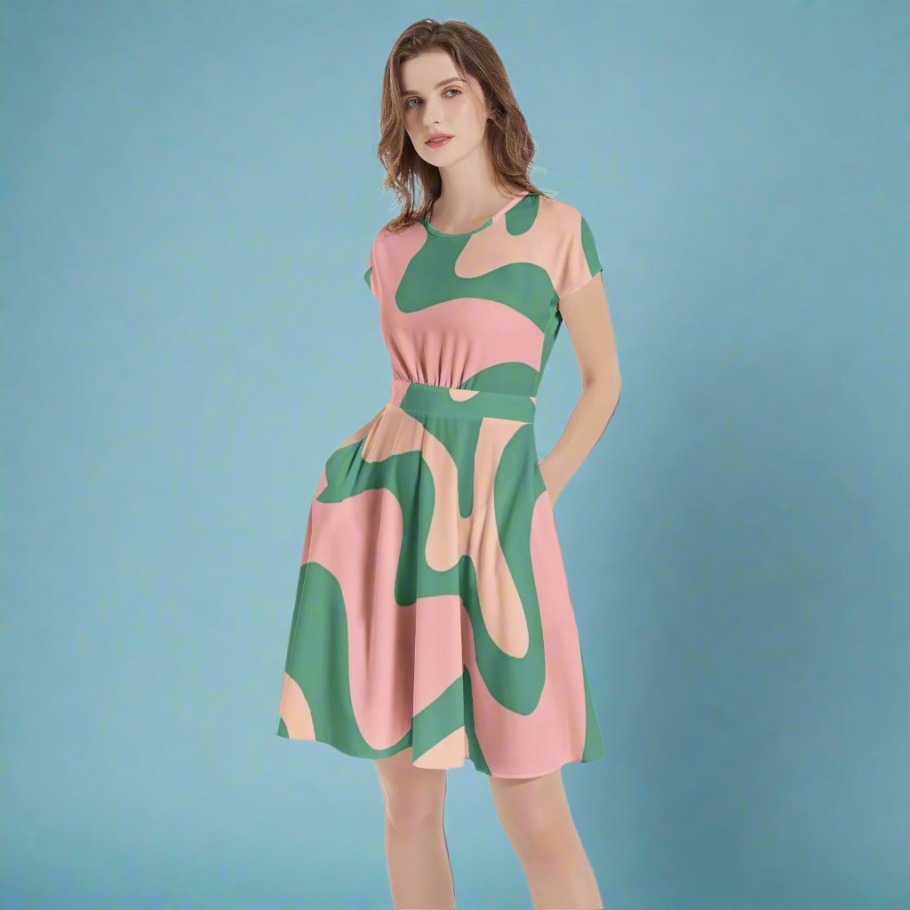 Back view of the Green & Pink 60s Retro A-Line Midi Dress highlighting its classic A-line silhouette