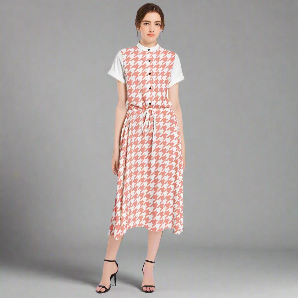 Front view of a Houndstooth Yellow and Pink Flared Midi Dress with a fitted bodice and flared skirt