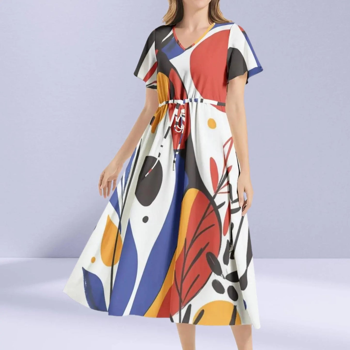 Back view of the Joan Miró Maxi Dress with organic, abstract shapes in vibrant colors across the fabric