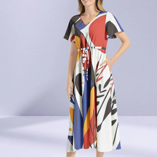 Front view of a Joan Miró-inspired Maxi Dress with vibrant abstract patterns in primary colors.