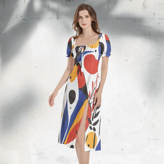 Front view of a Joan Miró-inspired Midi Dress with abstract patterns in vibrant primary colors.