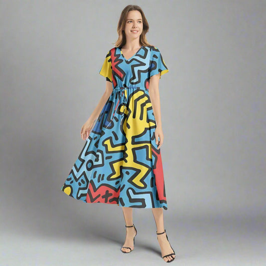 Front view of the Keith Haring Blue Maxi Dress showcasing vibrant blue fabric adorned with iconic Haring patterns