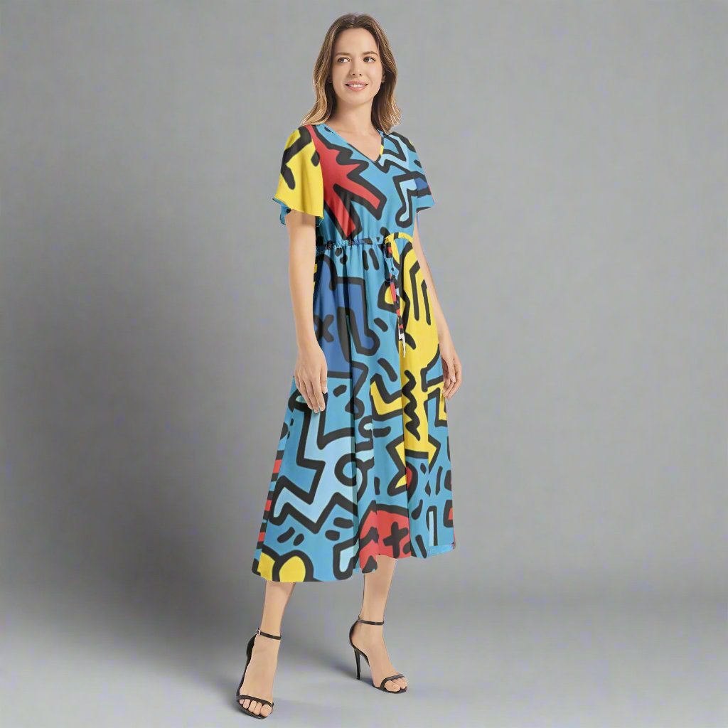 Side profile of the Keith Haring Blue Maxi Dress, showcasing the elegant draping and artistic print.