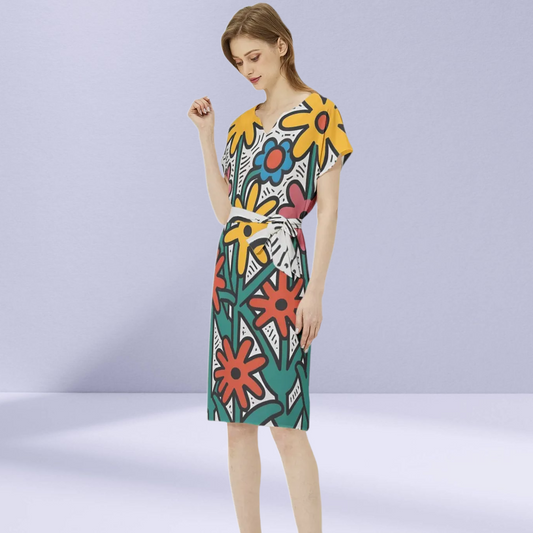 Front view of the Keith Haring Flower Graffiti Pop Art Dress showcasing bold floral designs in vibrant colors.