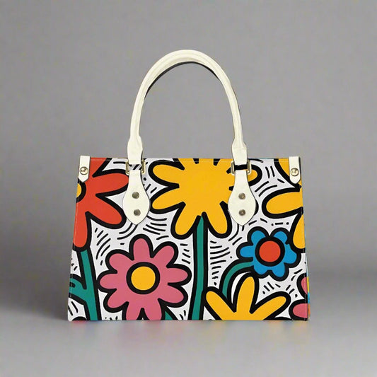 Front view of the Keith Haring Flower Power Small Tote Bag featuring vibrant floral designs.