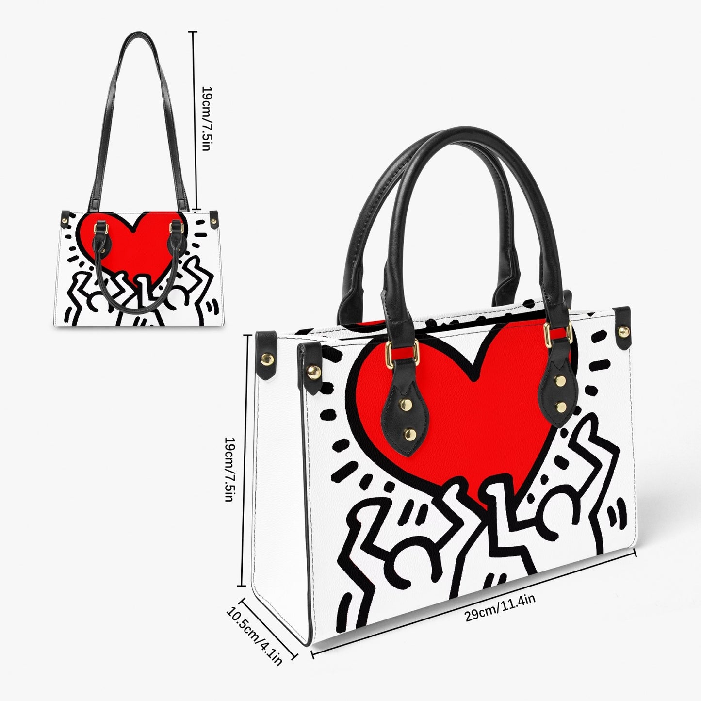 Model carrying the Keith Haring 'Love' Small Tote Bag styled with casual attire for an artistic, chic look