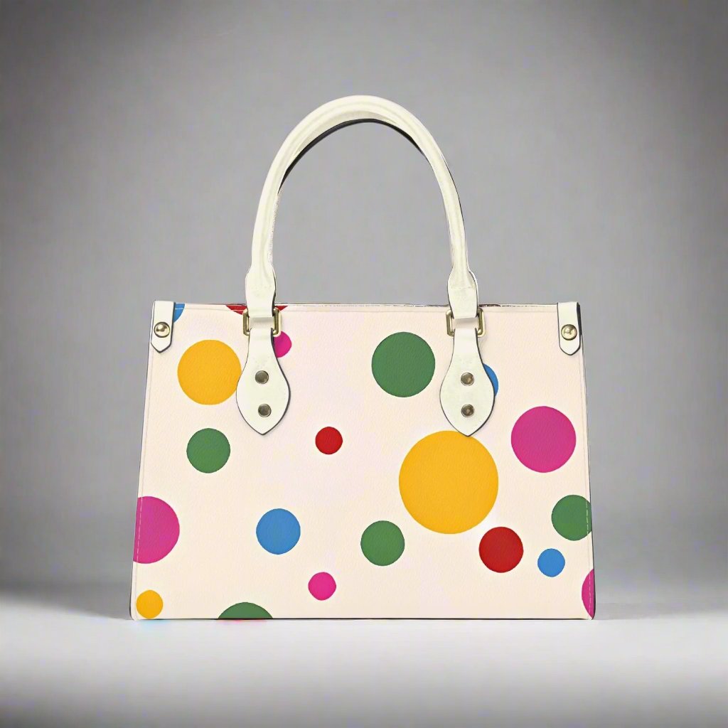 Yayoi Kusama Rainbow Tote featuring playful dot patterns.