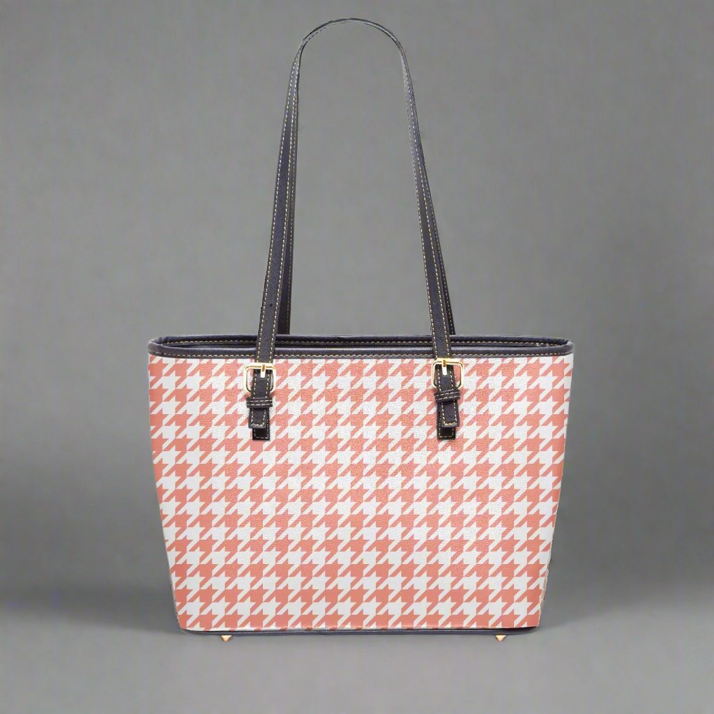 Back view of the Large Pink Houndstooth Vegan Leather Tote Bag with minimalist design